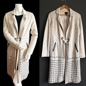 Nic + Zoe Knit Trench Coat Long Jacket Metal Circle Waist Tie Neutral Beige S